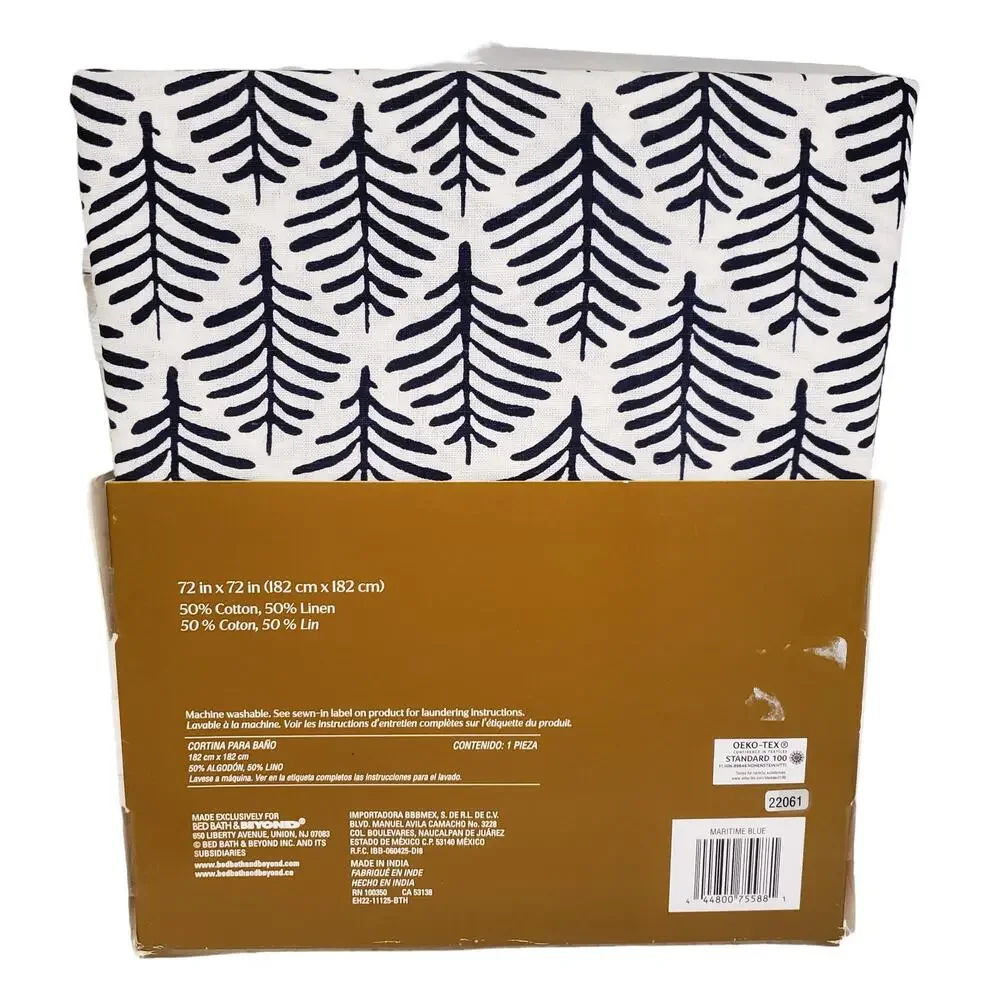 Linen Shower Curtain Everhome Henley Leaf Print Maritime Blue 72 x 72 Shower
